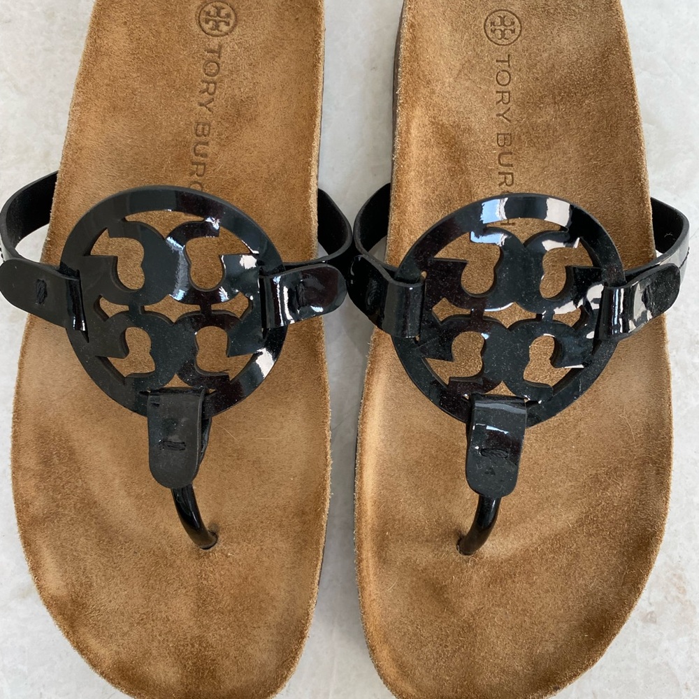 Tory Burch Miller Cloud Patent Black Leather/Cork Size 8.5